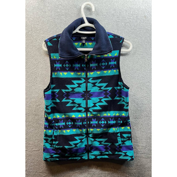 Chaps Sport Aztec Vest Navy Blue Teal Southwestern Zip Front - Picture 1 of 4
